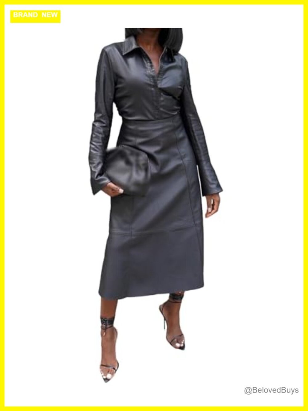 Women's Faux Leather 2 Piece Outfit Long Sleeve Button Down Blouse PU Midi